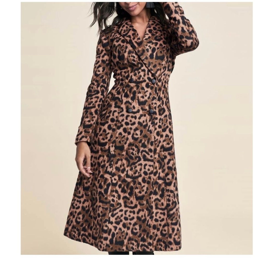 VENUS Leopard Print Double Breasted Pea Coat 10 Brown Animal Print MIDI mob wife